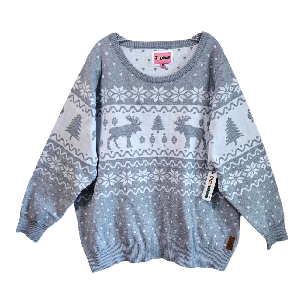 TIPSY ELVES Women 3X Moose Sweater Snowflakes Gray White Winter Holiday 58" NEW